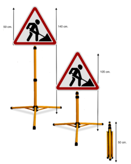 Pastatomas Teleskopinis Ženklas "Kelio Darbai". Šviesą atspindintis, todėl ryškiai matomas tamsiu paros metu priartėjus automobiliui su šviesomis ar prožektoriumi. Tvirtas, lengvas, atsparus įvairioms oro sąlygoms, tinkamas naudoti lauke ir viduje. Greitai ir paprastai išskleidžiamas 140cm. aukščio ženklas. Tvirtas, lengvas, 3mm. storio, 50cm. pločio ženklas.