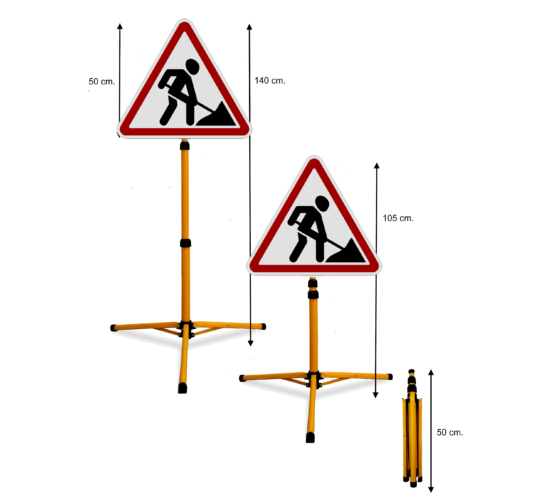 Pastatomas Teleskopinis Ženklas "Kelio Darbai". Šviesą atspindintis, todėl ryškiai matomas tamsiu paros metu priartėjus automobiliui su šviesomis ar prožektoriumi. Tvirtas, lengvas, atsparus įvairioms oro sąlygoms, tinkamas naudoti lauke ir viduje. Greitai ir paprastai išskleidžiamas 140cm. aukščio ženklas. Tvirtas, lengvas, 3mm. storio, 50cm. pločio ženklas.