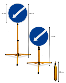 Pastatomas Teleskopinis Ženklas "Rodyklė". Šviesą atspindintis, todėl ryškiai matomas tamsiu paros metu priartėjus automobiliui su šviesomis ar prožektoriumi. Tvirtas, lengvas, atsparus įvairioms oro sąlygoms, tinkamas naudoti lauke ir viduje. Greitai ir paprastai išskleidžiamas 140cm. aukščio ženklas. Tvirtas, lengvas, 3mm. storio, 50cm. pločio ženklas.