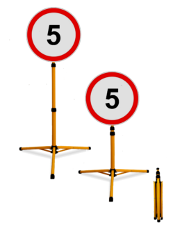 Pastatomas Teleskopinis Ženklas "Ribotas Greitis 5". Šviesą atspindintis, todėl ryškiai matomas tamsiu paros metu priartėjus automobiliui su šviesomis ar prožektoriumi. Tvirtas, lengvas, atsparus įvairioms oro sąlygoms, tinkamas naudoti lauke ir viduje. Greitai ir paprastai išskleidžiamas 140cm. aukščio ženklas. Tvirtas, lengvas, 3mm. storio, 50cm. pločio ženklas.