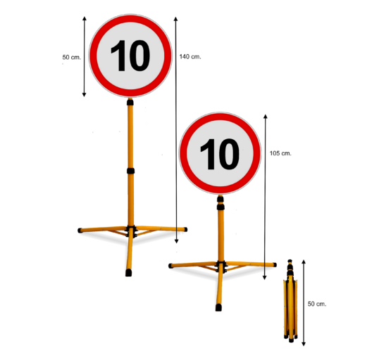 Pastatomas Teleskopinis Ženklas "Ribotas Greitis 10". Šviesą atspindintis, todėl ryškiai matomas tamsiu paros metu priartėjus automobiliui su šviesomis ar prožektoriumi. Tvirtas, lengvas, atsparus įvairioms oro sąlygoms, tinkamas naudoti lauke ir viduje. Greitai ir paprastai išskleidžiamas 140cm. aukščio ženklas. Tvirtas, lengvas, 3mm. storio, 50cm. pločio ženklas.
