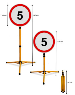 Pastatomas Teleskopinis Ženklas "Ribotas Greitis 5". Šviesą atspindintis, todėl ryškiai matomas tamsiu paros metu priartėjus automobiliui su šviesomis ar prožektoriumi. Tvirtas, lengvas, atsparus įvairioms oro sąlygoms, tinkamas naudoti lauke ir viduje. Greitai ir paprastai išskleidžiamas 140cm. aukščio ženklas. Tvirtas, lengvas, 3mm. storio, 50cm. pločio ženklas.