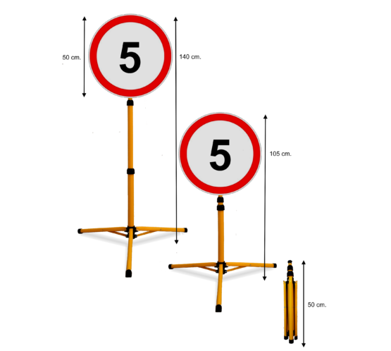 Pastatomas Teleskopinis Ženklas "Ribotas Greitis 5". Šviesą atspindintis, todėl ryškiai matomas tamsiu paros metu priartėjus automobiliui su šviesomis ar prožektoriumi. Tvirtas, lengvas, atsparus įvairioms oro sąlygoms, tinkamas naudoti lauke ir viduje. Greitai ir paprastai išskleidžiamas 140cm. aukščio ženklas. Tvirtas, lengvas, 3mm. storio, 50cm. pločio ženklas.