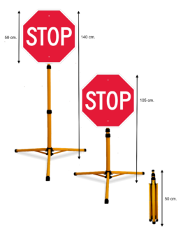 Pastatomas Teleskopinis Ženklas "STOP". Šviesą atspindintis, todėl ryškiai matomas tamsiu paros metu priartėjus automobiliui su šviesomis ar prožektoriumi.