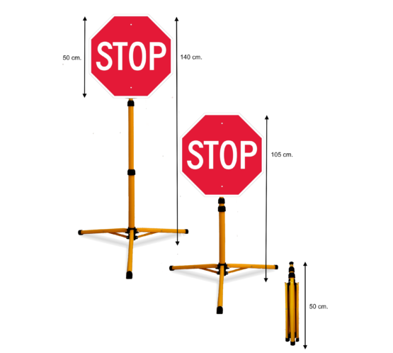 Pastatomas Teleskopinis Ženklas "STOP". Šviesą atspindintis, todėl ryškiai matomas tamsiu paros metu priartėjus automobiliui su šviesomis ar prožektoriumi.