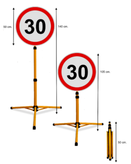 Pastatomas Teleskopinis Ženklas "Ribotas Greitis 30". Šviesą atspindintis, todėl ryškiai matomas tamsiu paros metu priartėjus automobiliui su šviesomis ar prožektoriumi. Tvirtas, lengvas, atsparus įvairioms oro sąlygoms, tinkamas naudoti lauke ir viduje. Greitai ir paprastai išskleidžiamas 140cm. aukščio ženklas. Tvirtas, lengvas, 3mm. storio, 50cm. pločio ženklas.