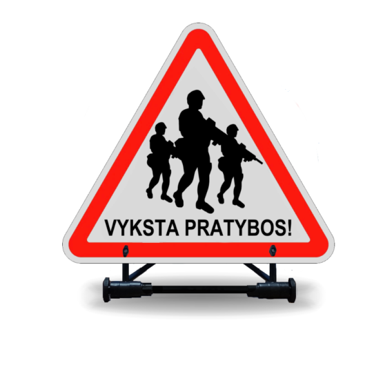 Sulankstomas kelio ženklas "Vyksta Karinės Pratybos"